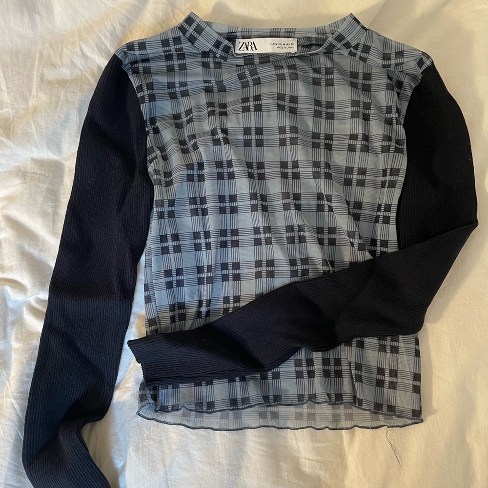 Zara Plaid Mesh Navy Stretchy Long Sleeve Shirt